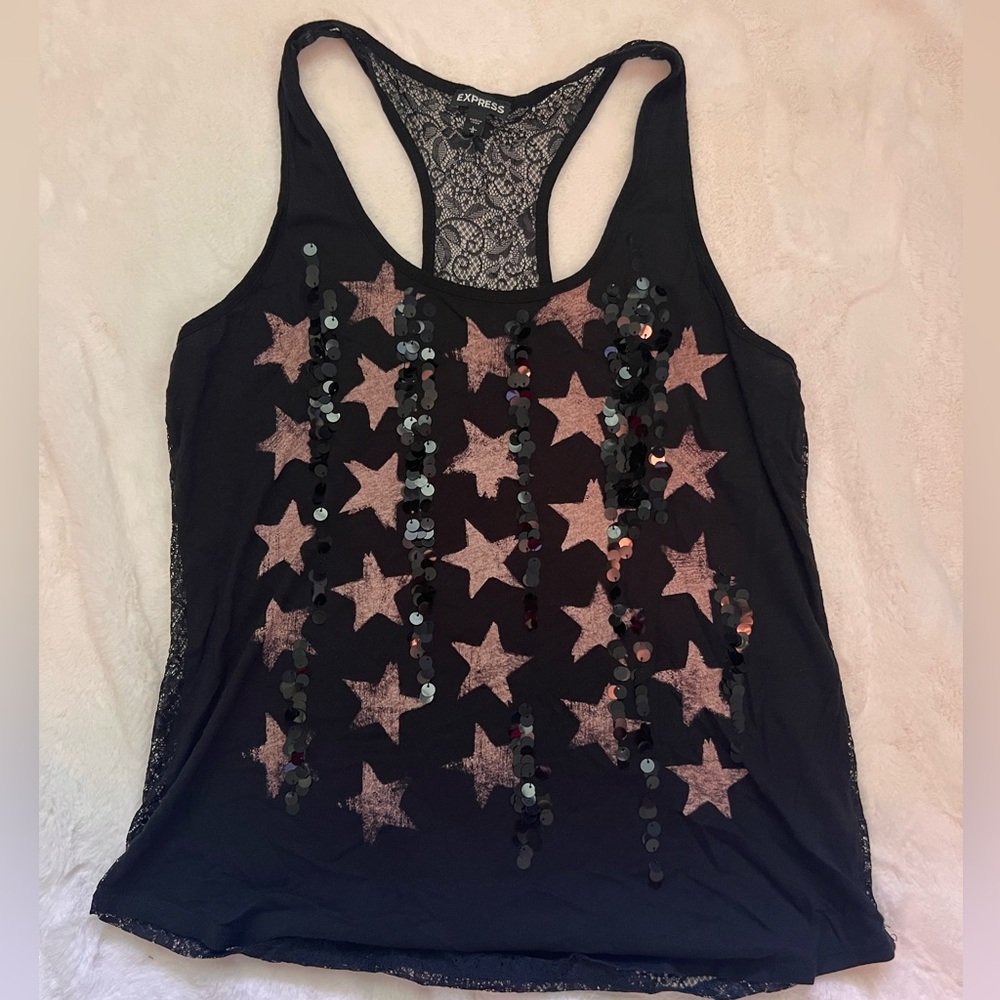 Express Black and Tan Star Sequin Tank Top